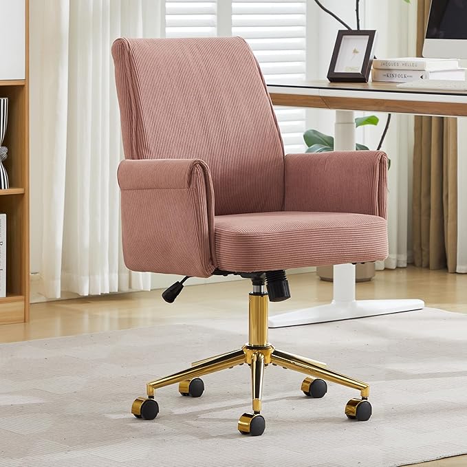 Striped Velvet Office Chair, 360° Swivel Ergonomic Task Chair with High Back, Gold Base and Wheels, Height Adjustable Modern Accent Chair for Home Office, Living Room, Study, Vanity (Dark Pink)