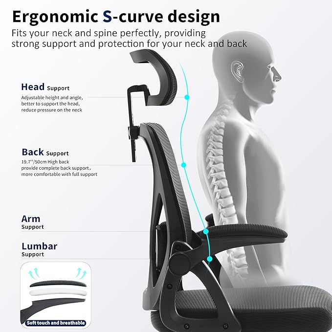 Office Chair,Ergonomic Desk Chair with Adjustable Lumbar Support,400 Lbs Mesh Computer Chair High Back with Headrest for Home Office (Black)