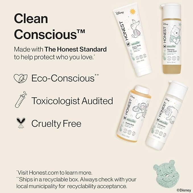 The Honest Company Fragrance-Free Bathtime Gift Set, Disney Design, Hypoallergenic, Bath Essentials for Sensitive Skin, Shampoo and Body Wash, Face Lotion, Bubble Bath, Conditioner, Sponge