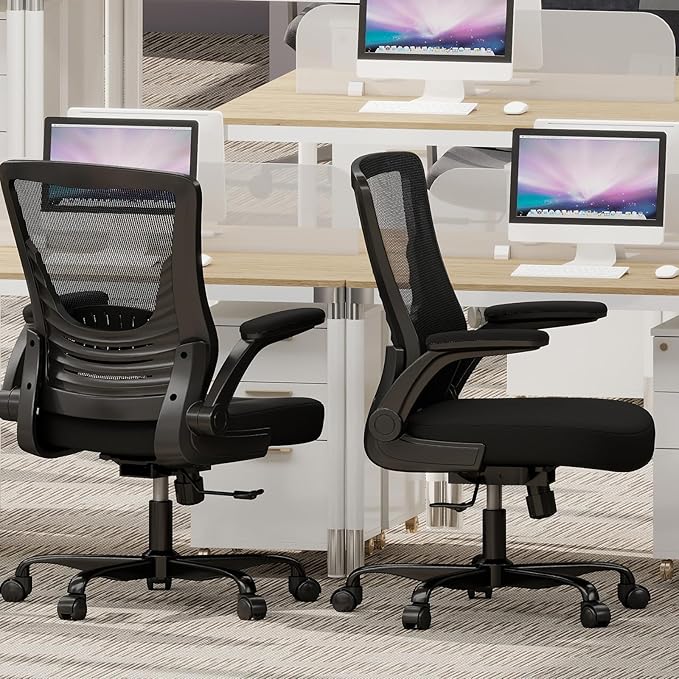 Ergonomic Office Chair – Comfy Mesh Desk Chair with Flip-Up Armrests & Silent Wheels, Adjustable Height Home Computer Chair, Breathable & Supportive for Long Hours Sitting