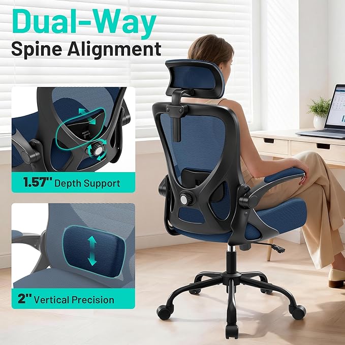 AreShark Office Chair - Ergonomic Desk Chair Breathable Mesh Chair with 2D Headrest & Adjustable Lumbar Support - Executive High Back Rolling Swivel Computer Gaming Chair with Wheels Flip-up Armrests