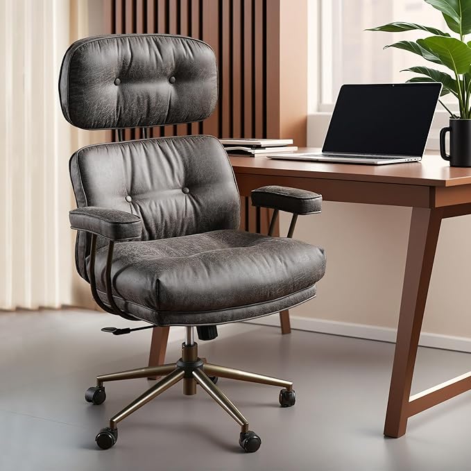 ovios Ergonomic Office Chair, High Back Faux Leather Executive Chairs with Thick Cushion, Comfy Mid-Century Modern Swivel Rolling Computer Armchair (Dark Grey, Suede Leather)