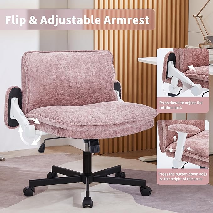 Cross Legged Office Chair, Height Adjustable Swivel Desk Chair with Flip-Up Arms, Padded Criss Cross Chair for Home Office & Bedroom