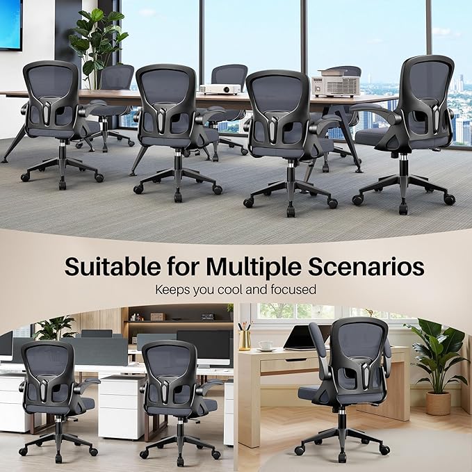Office Chair Ergonomic Desk Chair, Adjustable Lumbar Support Rolling Swivel Comfy Chair with Space-Saving Flip Up Armrests, Mesh Gaming Chair for Business Work Office & Home, Dark Gray