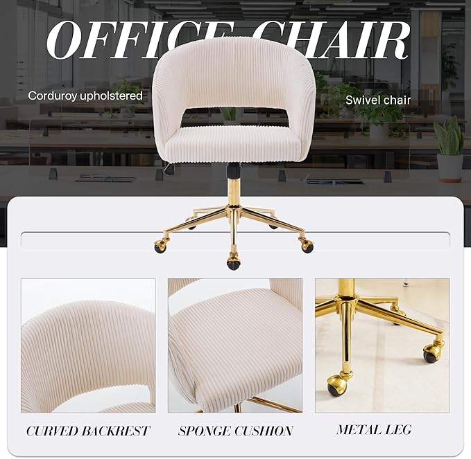 Home Office Chair Swivel Corduroy Fabric Desk Chair Accent Armchair Upholstered Modern Tufted Chairs with Gold Base for Girls Women Ergonomic Study Seat Computer Task Stools for Living Room(Beige)