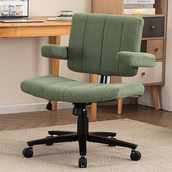 Green Criss Cross Office Chair with Wheels, Ergonomic Wide Seat Vanity & Dressing Table Chair, Adjustable Arms Swivel Rolling Desk Chair for Women, Comfortable Cross-Legged Support