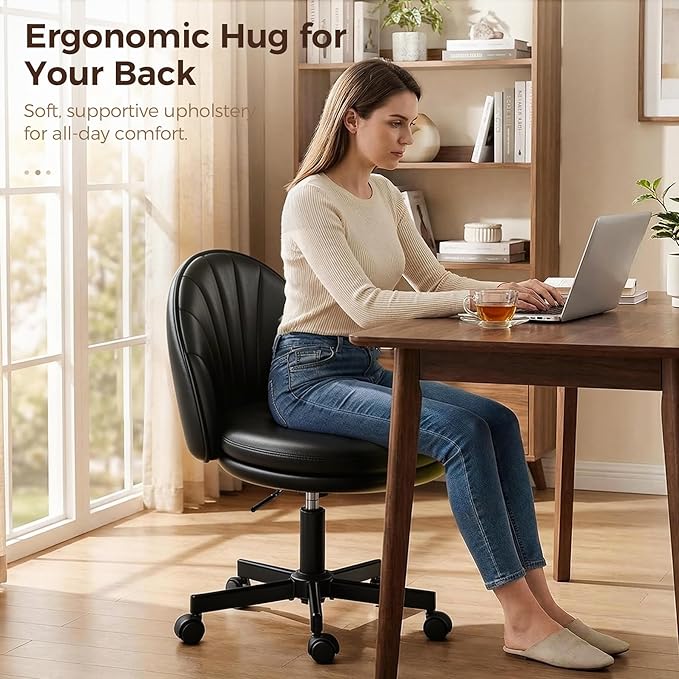GTPOFFICE Vanity Chair with Back, Adjustable Tall Office Chair High Swivel Bar Stools Fluffy Cute Desk Chair Comfy with Wheels Armlees Counter Height for Adults Standing Desk Bar, Smooth Pu, Black