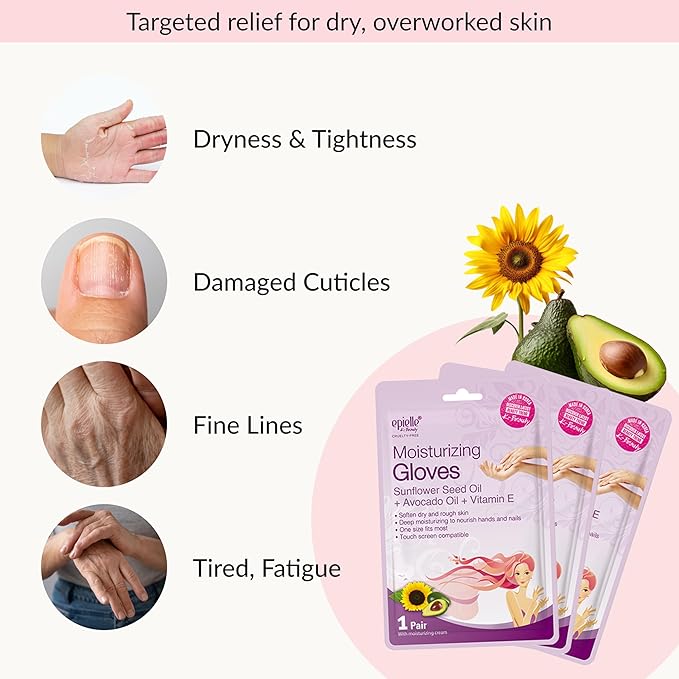 Epielle Moisturizing Hand Mask 6 Pairs, Soften with Sunflower Seed Oil & Vitamin E, Deep Moisturizing Gloves for Dry, Cracked Hands, Self Care Gifts for Women, Spa Kit, Easter Basket Stuffers
