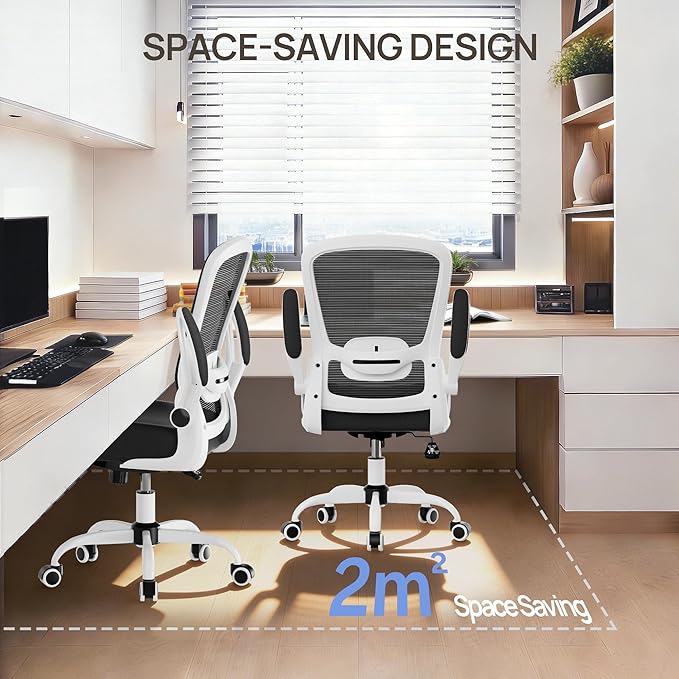 Mimoglad Ergonomic Office Chair - Desk Chair with Flip-up Armrests & 135° Recline, Adjustable Lumbar Support - Space-Saving Task Chair for Business/Team Office & Home (White Frame-Black, 350lbs)