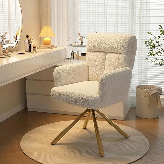 Kiztir Vanity Chair No Wheels Upholstered Teddy Vanity Chair with Back Gold Metal Criss Cross Home Office Desk Chair Boucle Accent Chair Modern Reading Chair Armchair for Living Room, Bedroom (Beige)