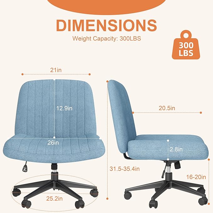 Shintenchi Criss Cross Chair,Cross Legged Office Seat with Wheels Armless Swivel Vanity Chair,Height Adjustable Wide Computer Task Seating for Home Office,Blue ﻿
