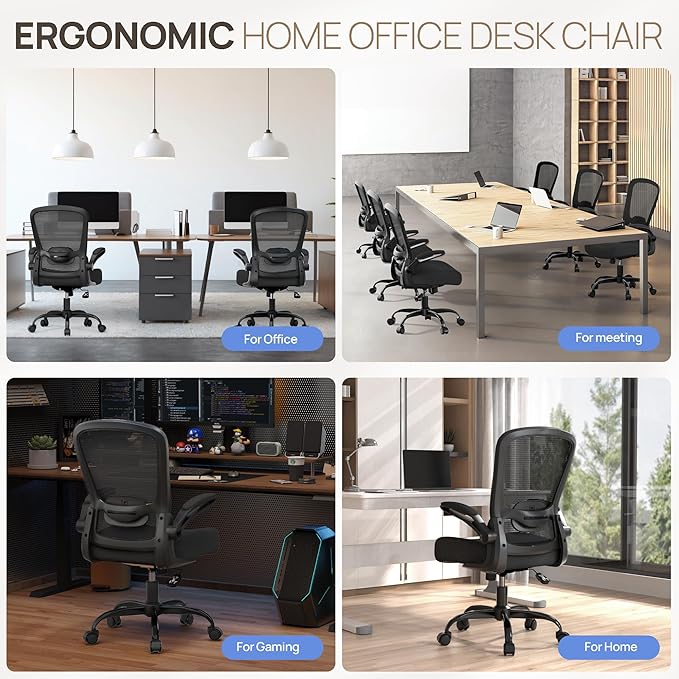Mimoglad Ergonomic Office Chair - Desk Chair with Flip-up Armrests & 135° Recline, Adjustable Lumbar Support - Space-Saving Task Chair for Business/Team Office & Home (Black, 350lbs)