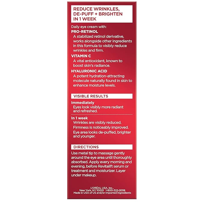 L'Oreal Paris Revitalift Triple Power Anti-Aging Eye Cream, Pro Retinol, Hyaluronic Acid & Vitamin C, Reduce Wrinkles & Puffiness 0.5 fl. oz.