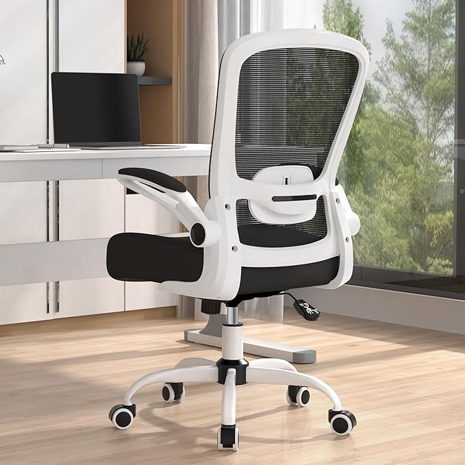 Mimoglad Ergonomic Office Chair - Desk Chair with Flip-up Armrests & 135° Recline, Adjustable Lumbar Support - Space-Saving Task Chair for Business/Team Office & Home (White Frame-Black, 350lbs)