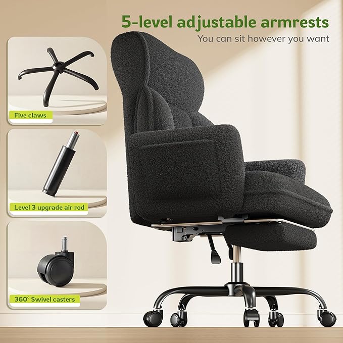 Big and Tall Office Chair with Adjustable Arms and Back, Ergonomic Office Chair with Footrest and Comfortable Fabric for Home Office, Bedroom ，Black