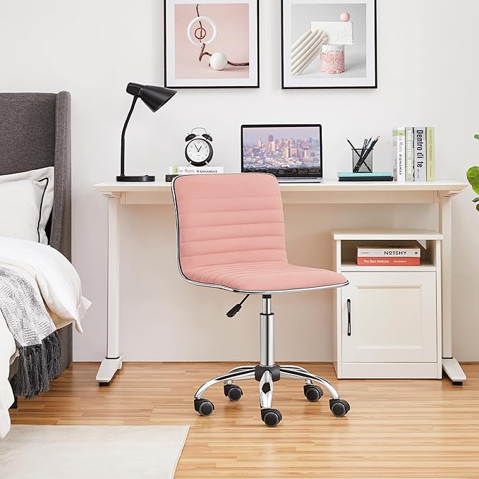 Yaheetech Velvet Low Back Armless Ribbed Vanity Chair Height Adjustable Swivel Task Office Chair, Apricot Pink