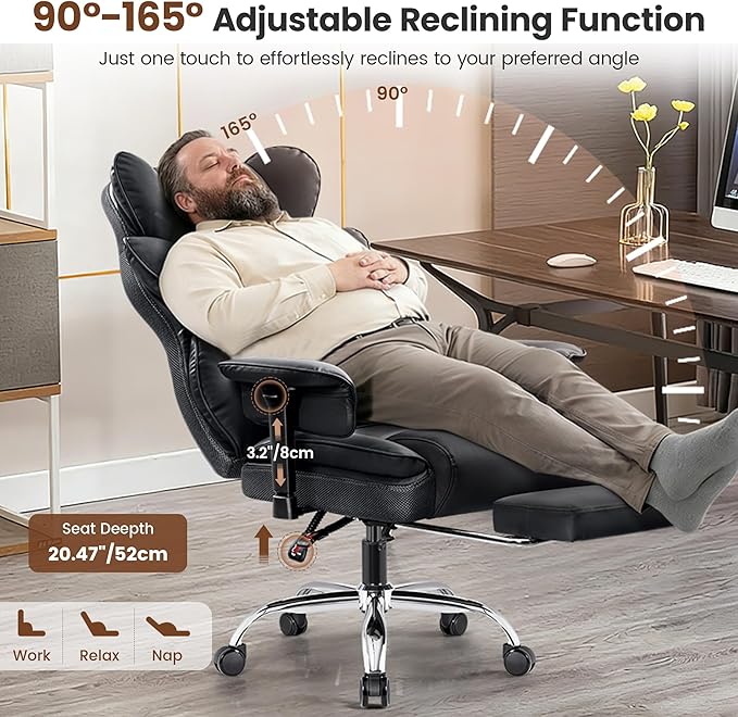Big and Tall Office Chair - Heavy Duty 400 LBS Executive Chair with Foot Rest, High Back Ergonomic Desk Chair, Padded Wide Seat Gaming Chair, Adjustable Armrests, Black 2 Pack