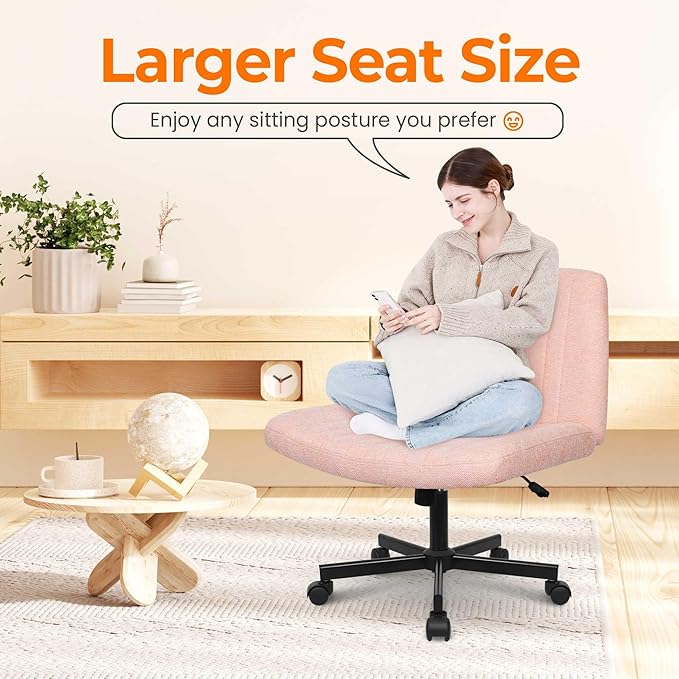 NEO Chair Criss Cross Chair with Wheels Home Office Cross Legged Armless Chairs Ergonomic Adjustable Computer Desk Task Wide Seat for Bedroom Vanity Comfy Swivel (Pink)
