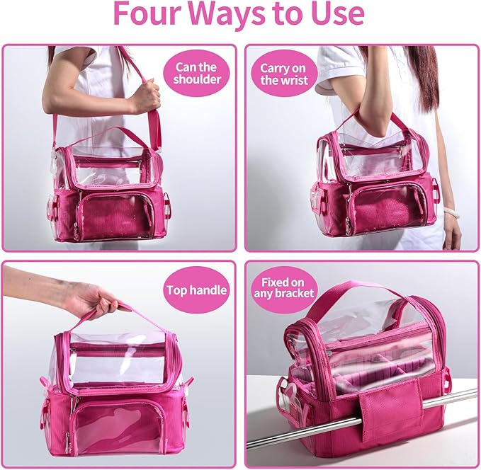 BS-MALL Makeup Bag, Transparent PVC Clear Travel Makeup Brush Holder, Tool Organizer Case with Shoulder Strap (Hotpink)