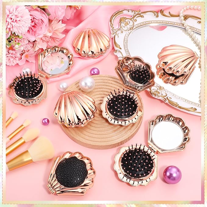 Meanplan 12 Pcs Mermaid Party Favors Shell Hair Brush with Mirror Foldable Mini Travel Pocket Hair Brush Compact Makeup Comb for Women Girls Valentines Day Birthday Gifts(Rose Gold)