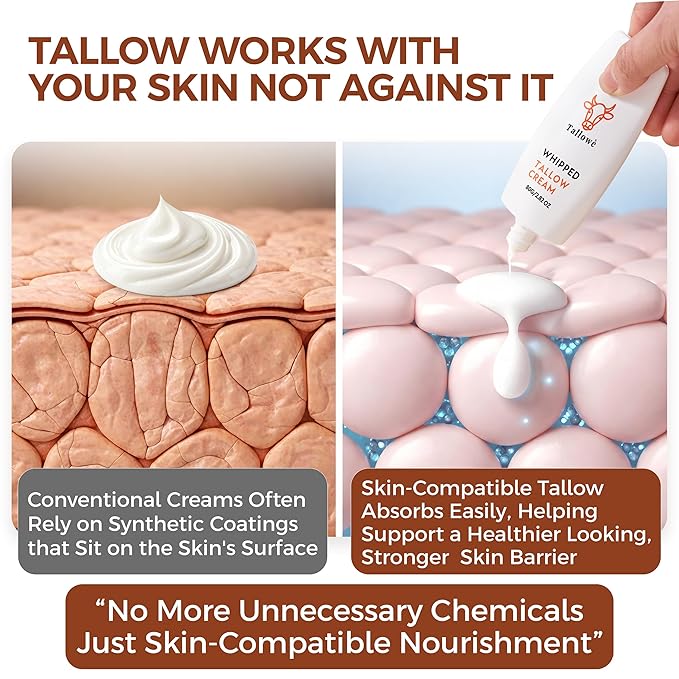 Tallowè Whipped Cream Unscented Face Moisturizer with 100% Grass Fed Beef Tallow For Skin Barrier Support, Natural clean simple ingredient moisturizer,For Dry Sensitive Skin, 2.8oz