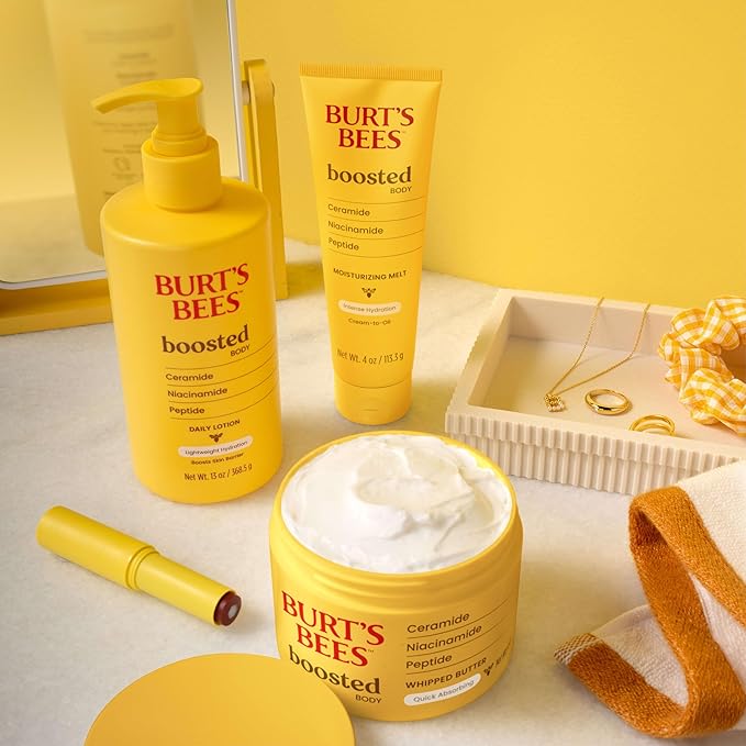 Burt's Bees Boosted Body Moisturizing Melt With a Ceramide, Niacinamide and Peptide Complex, Intense Skin Hydration, Cream-to-Oil Body Lotion Helps Support Skin Barrier, Tropical Scented, 4 oz. Tube