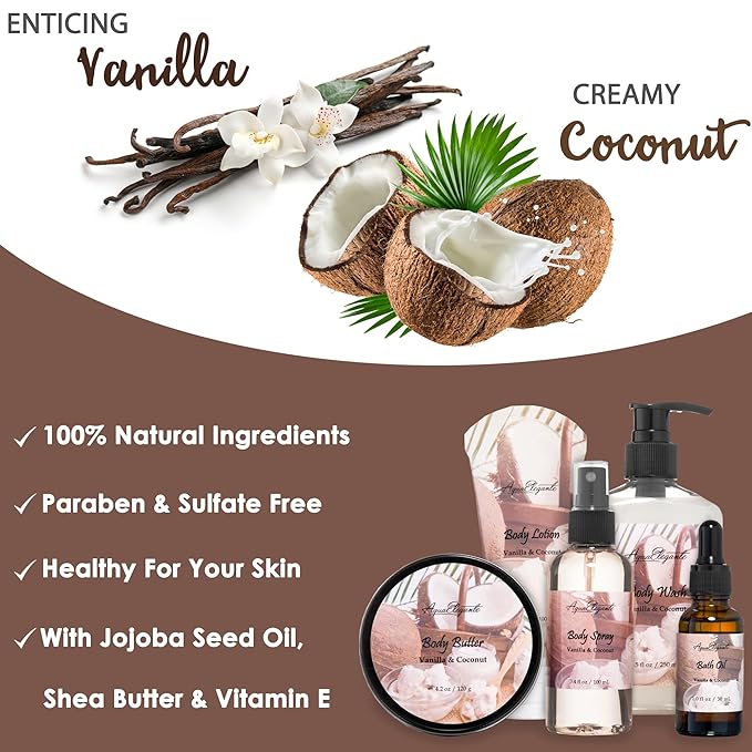 Bath Spa Gift Sets - Luxury Basket With Coconut & Vanilla - Spa Kit Includes Wash, Bubble Bath, Lotion, Bath Salts, Body Scrub, Body Spray, Shower Puff, Bathbombs, Soap and Towel