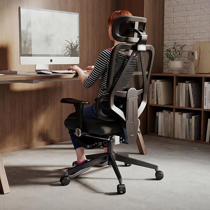 Mid-Back Ergonomic Leather Office Chair, Modern Upholstered Executive Desk Chair with Gold Frame Armrest Computer Task Chair (Black Mesh)