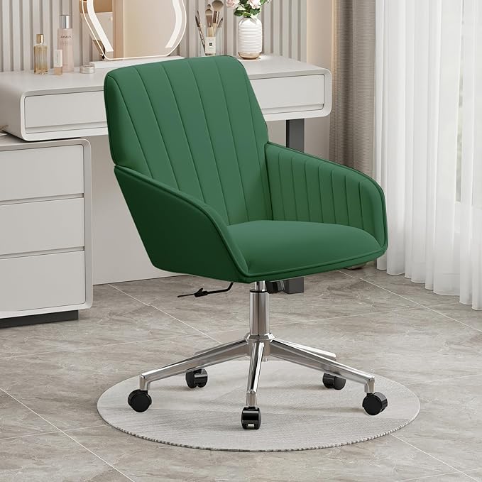 YISHENG Velvet Office Desk Chair with Silver Base, with Wheels,Modern Height Adjustable 360 Degree Swivel Upholstered Vanity Chairs with Arms for Living Room Bedroom,Green