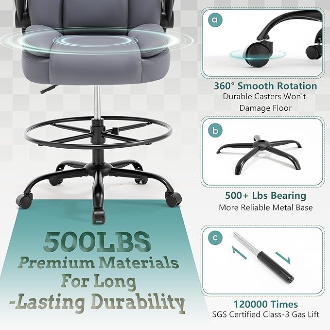 Ergonomic Drafting Chair, Tall Office Chair for Standing Desk, High Back Standing Desk Chair with Flip-Up Armrest, Adjustable Height&Foot Ring, Executive PU Leather Extended Height Office Chairs,Grey