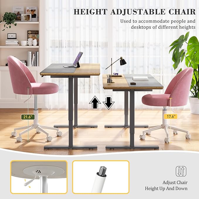 EnHomee Vanity Chair with Wheels, Comfy Office Chair with Back, Cute Desk Chair for Bedroom, Home Office, Makeup Room,Armless,Gentle Pink