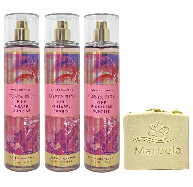 Bath & Body Works Costa Rica Pink Pineapple Sunrise 3 Pack Fragrance Mist Bundle with a Wild Jasmine Bar Soap - Full Size