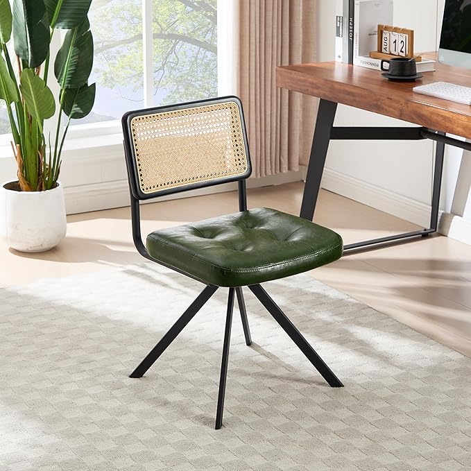 Zesthouse Rattan Desk Chair No Wheels, Mid Century Modern Home Office Chair with Cane Mesh & Wooden Back, Vintage Faux Leather Swivel Accent Chair, Upholstered Armless Computer Task Chair,Green