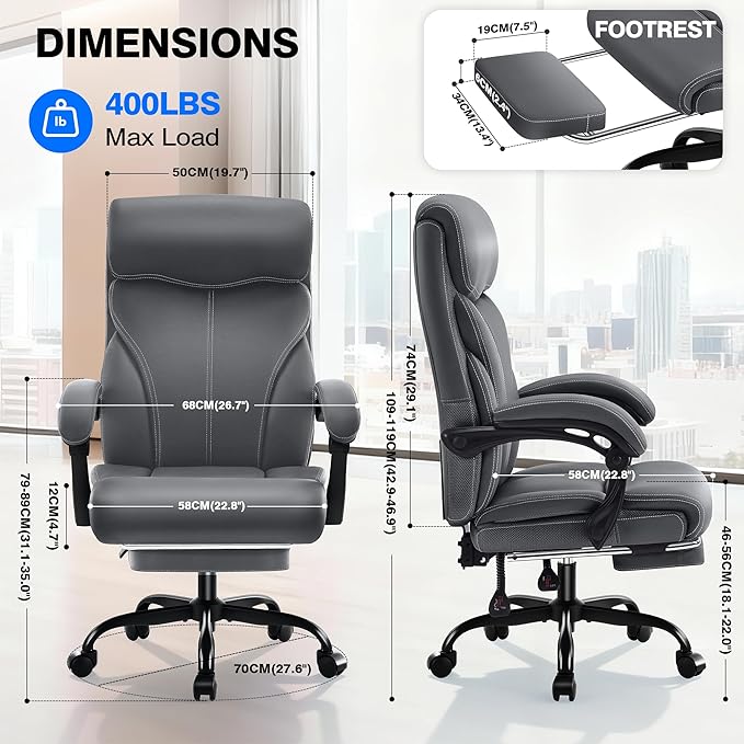 AreShark Office Chair - Ergonomic Comfortable High Back Computer Desk Chair with Foot Rest - Executive Breathable Swivel Rolling Reclining Leather Chair with Lumbar Support for Home Gaming Relaxing