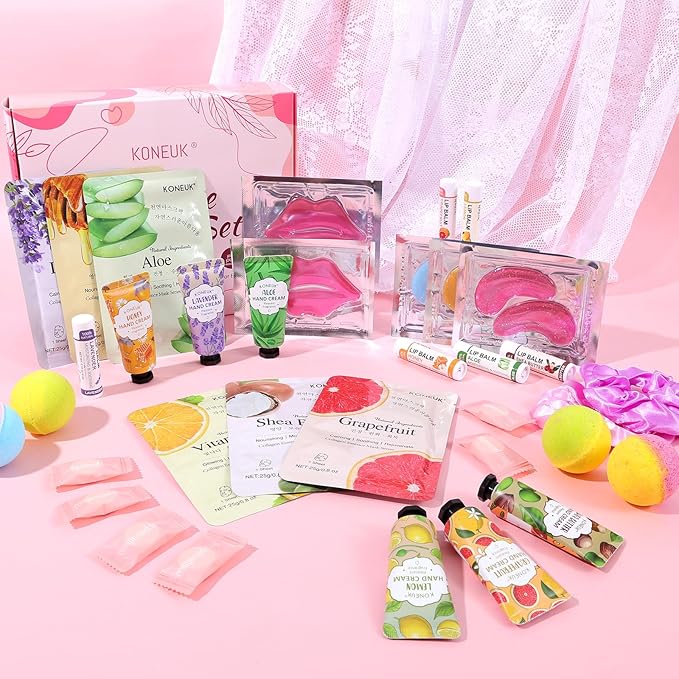 60PCS Spa Party Supplies for Girls, Include Face Masks, Hand Cream, Lip Balm, Foot Bath Bombs, Lip Mask, Under Eye Patches, Compressed Towels, Spa Birthday and Sleepover Party Supplies for Girls Women