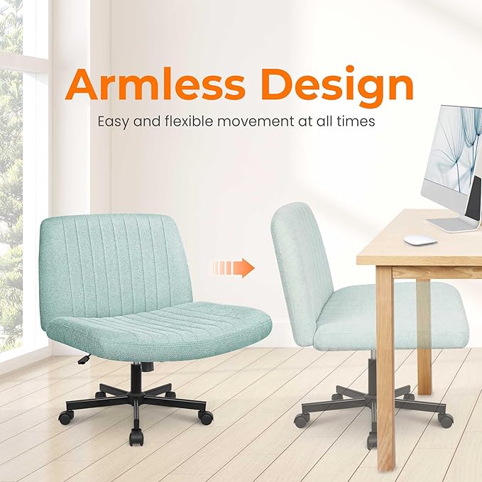 NEO Chair Criss Cross Chair with Wheels Home Office Cross Legged Armless Chairs Ergonomic Adjustable Computer Desk Task Wide Seat for Bedroom Vanity Comfy Swivel (Mint)