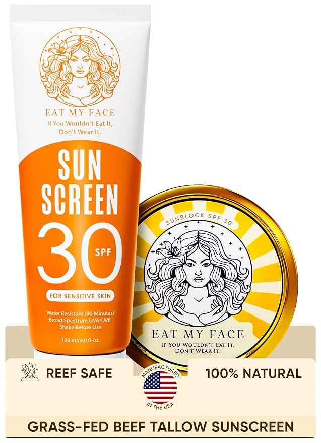 Eat My Face Beef Tallow Sunscreen Bundle – SAVE 20% | Tinted + Non-Tinted SPF 30 Set | Reef Safe, Non-Nano Zinc Oxide, Water Resistant 80 Min | Natural Mineral Sunblock for Sensitive Skin