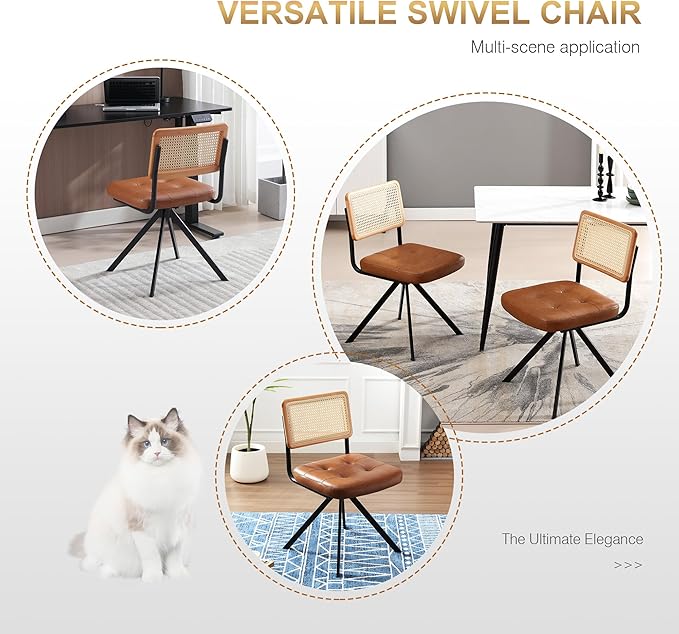 Zesthouse Rattan Desk Chair No Wheels, Mid Century Modern Home Office Chair with Cane Mesh & Wooden Back, Vintage Faux Leather Swivel Accent Chair, Upholstered Armless Computer Task Chair,Brown