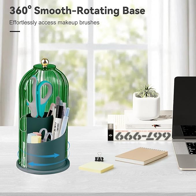 360° Rotating Makeup Brush Holder with Lid, Waterproof Three-Compartment Makeup Organizer, 180° Side-Pull Door Desk Organizer, Dustproof Brush Holder for Vanity and Bathroom (Green)