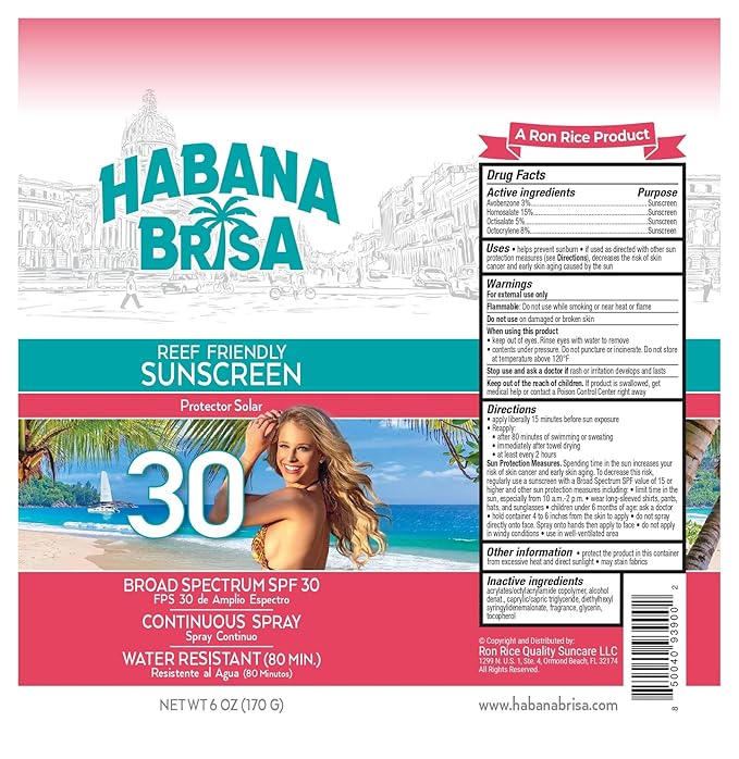 Habana Brisa Reef Friendly SPF 30 Sunscreen Spray – Vegan, Non-Toxic, Water & Sweat Resistant, Broad Spectrum UVA/UVB Protection, 6oz (Single Pack)