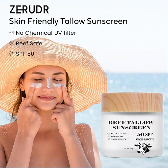 Scosvvi Beef Tallow Sunscreen: SPF 50 non toxic sunscreen, Tallow & Zinc Oxide Sunblock Non-Greasy Reef Safe formula 2 oz