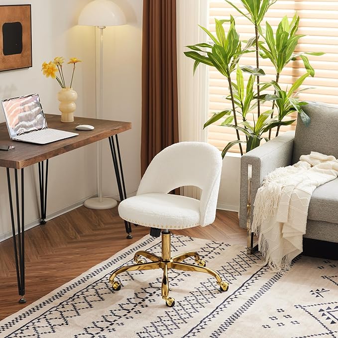 VINGLI Modern Teddy Fluffy Small Office Chair,Cute Desk Chair with Wheels,Gold Base/Studs, Comfy Armless Swivel Vanity Task Chair for Women/Girl/Kids, Nail Tech Chair for Bedroom,Small Space,White