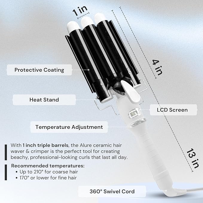 Alure Three Barrel Curling Iron Wand with LCD Temperature Display - 1 Inch Ceramic Tourmaline Triple Barrels, Dual Voltage Crimping Tool, Best Hair Waver for Beachy/Frizz Free Waves (zBlack/White)