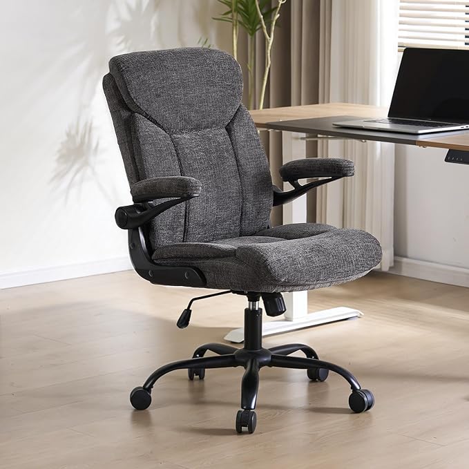 Home Office Ergonomic Desk Chair - Comfy Leather Executive Chair with Flip-Up Armrests, Lumbar Support, 360° Swivel & Rocking (Grey)