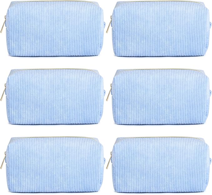 SOIDRAM 6PCS Bridesmaid Proposal Gifts Corduroy Blue makeup bag bulk for Wedding Party Favors Bachelorette party decorations Toiletry Organizer Bag Cosmetic Case Gift
