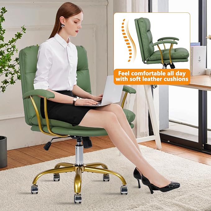 Leather Home Office Desk Chair, Mid-Back Vanity Chair Make Up Chair with Gold Wheels and Armrests, Rolling Swivel Computer Task Chair for Office Bedroom Living Room Girls Women, Green, 8 Pack