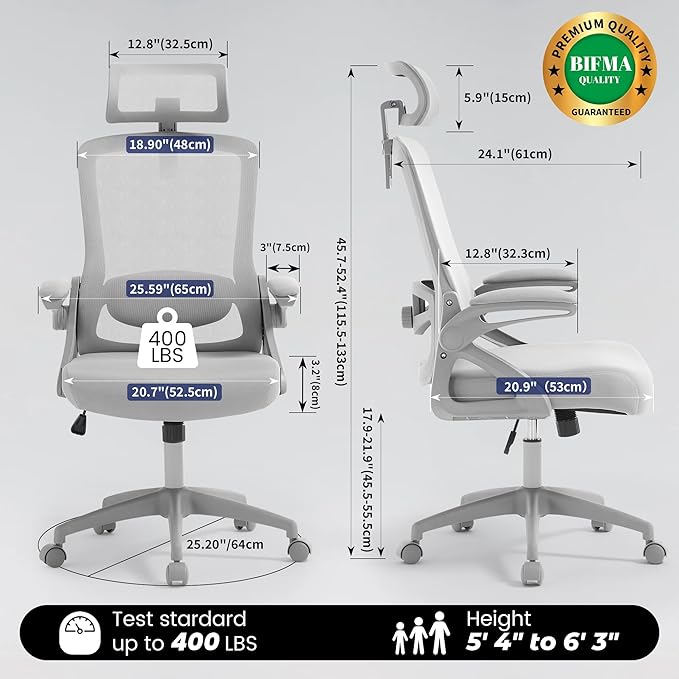 Fizzin Office Chair, Ergonomic Office Chair with Adjustable Headrest Lumbar Support Computer Chair, 400 lbs Desk Chair Comfy with Flip-up Armrests - Gaming Chairs for Adults Home Office (Gray)