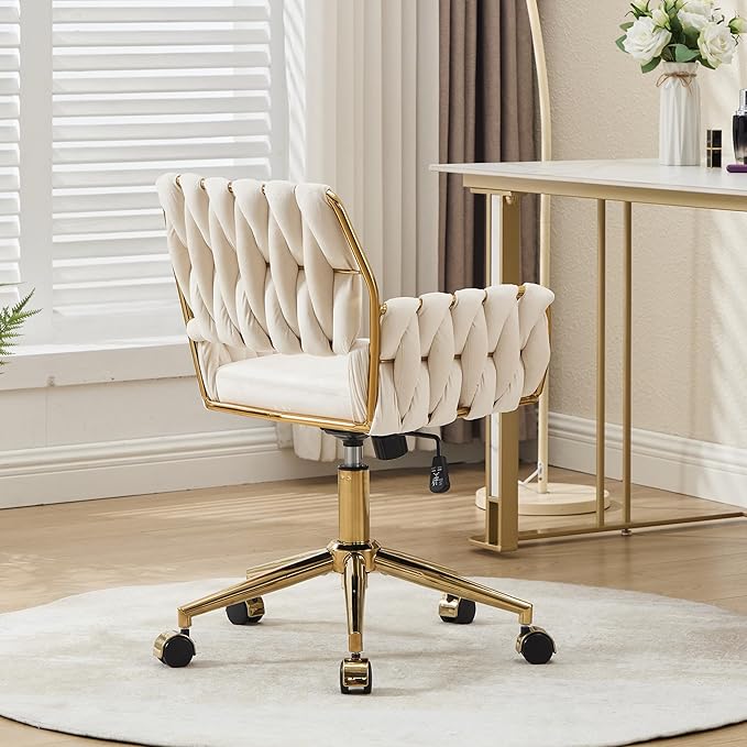 civama Velvet Office Desk Chair with Hand Woven Backrest, 360°Swivel & Height Adjustable Cute Girls Vanity Vlog Chairs, Nail Salon Bedroom Dressing Room Armchair with Gold Base and Wheels (Beige)