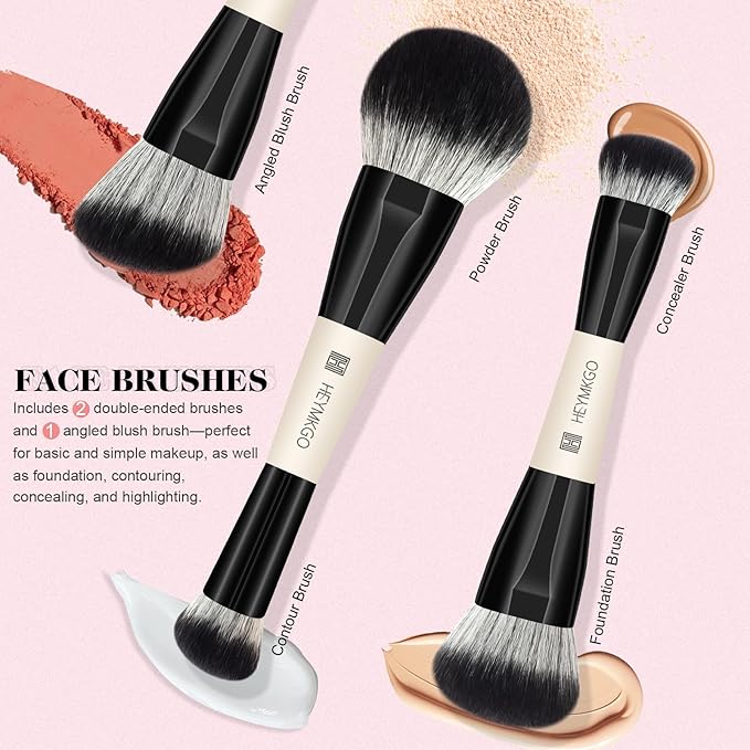 HEYMKGO Makeup Brushes Set, 12Pcs Professional Dual-ended Foundation Contour Powder Eyeshadow Brushes for Liquid, Cream, Powder for Blending Face Brush Tools - Bag Included, Great for Travel, Black