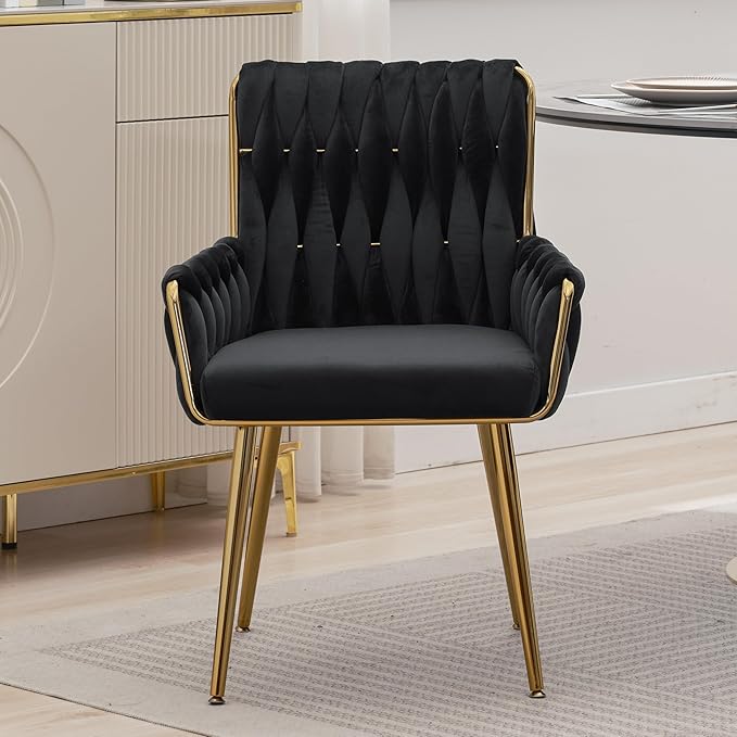 ABET Office Desk Chair No Wheels, Woven Velvet Vanity Chair with Back & Armrest, Comfy Upholstered Cute Gold Metal Legs Makeup Aesthetic Armchair for Girls & Women Bedroom, Nail Spa, Black